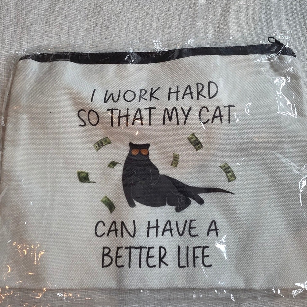 Funny Cat Canvas Makeup Bag Zipper Pouch I Work Hard For My Cat